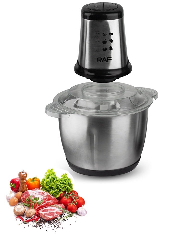 RAF 3L Electric Chopper,Food Processor,2 Speeds Electric Meat Grinder with 4-Blades,Stainless Steel Bowl,1000W,R.7031,Silver/Black - Image 2