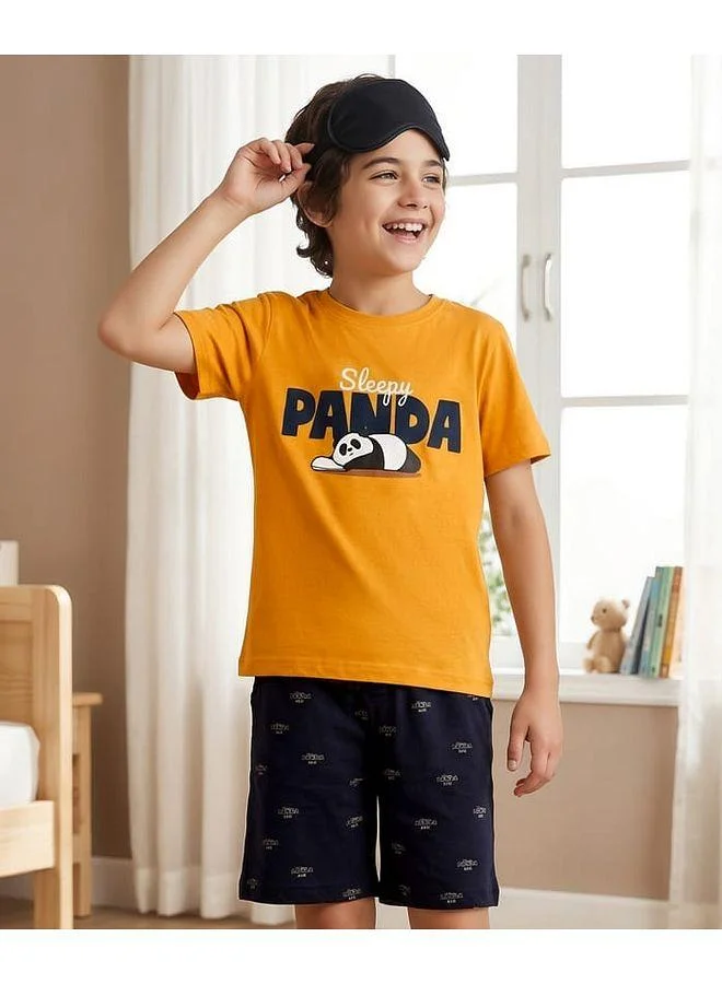 Pine Kids Pine Kids Cotton Knit Half Sleeves Short Pajama Set with Panda Print - Orange and Black