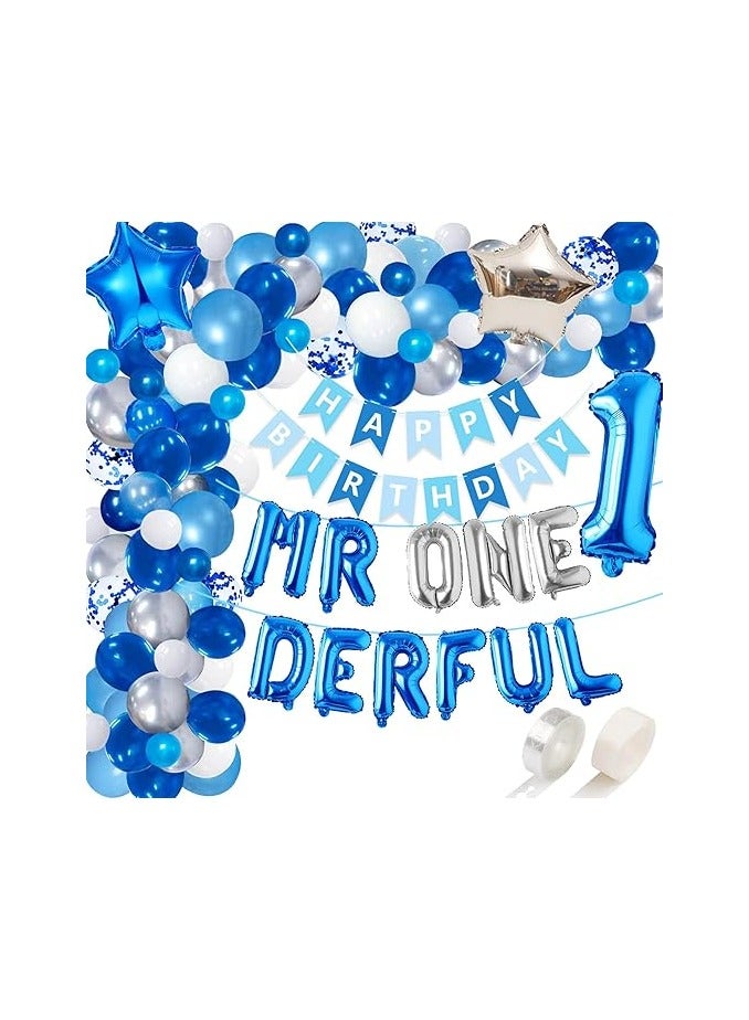 121pcs Mr Onederful Birthday Party Decorations, Blue and Silver Balloons Garland Arch Kit, Happy Birthday Banner for Mr. Wonderful/Boss Baby/Little Man Theme 1st Birthday Decorations Party Supplies - Image 1