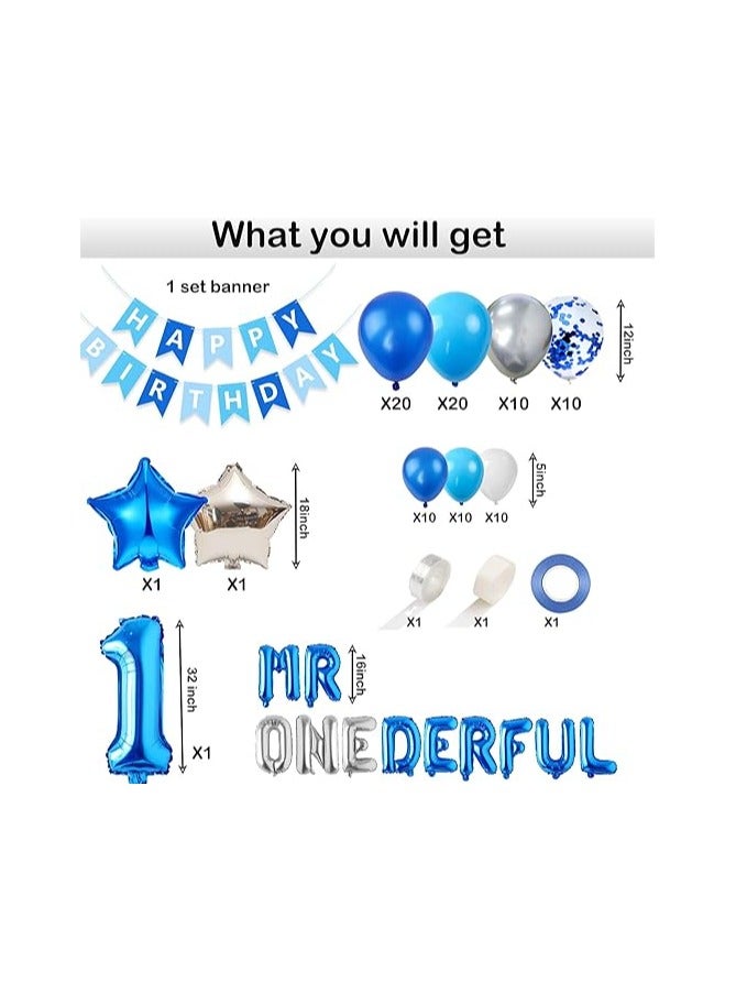 121pcs Mr Onederful Birthday Party Decorations, Blue and Silver Balloons Garland Arch Kit, Happy Birthday Banner for Mr. Wonderful/Boss Baby/Little Man Theme 1st Birthday Decorations Party Supplies - Image 2