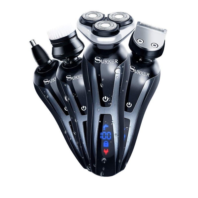 ماكينة حلاقة كهربائية SURKER قابلة للشحن بدون سلك مع مشذب لحية للرجال ومشذب شعر الأنف 3 في 1 مجموعة العناية بالإضافة إلى فرشاة تنظيف الوجه مقاومة للماء قابلة للشحن عبر USB جافة ورطبة