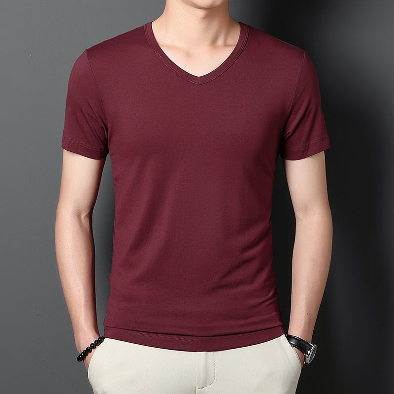 Modal Cotton Ice Silk Men'S Short-Sleeved T-Shirt Summer Pure Color V Neck T-Shirt Thin T-Shirt For Men - Image 1