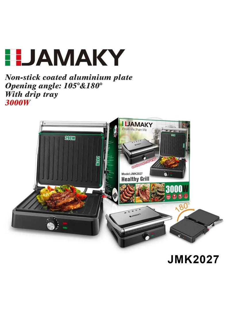 Jamaky Italy شواية جريل كهربائية من جاماكى بقدرة 3000 واط سهلة الاستخدام، تتميز بطبقة مناسبة غير لاصقة ومقبض عازل للحرارة - JMK-2027 _ صناعة ايطالية 