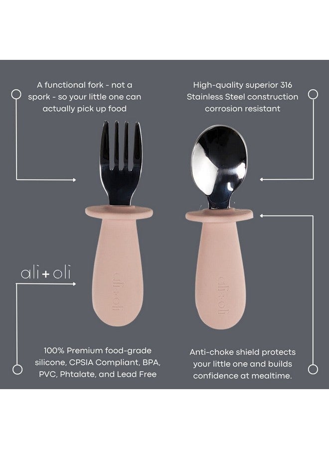 Ali+Oli Spoon & Fork Learning Set For Toddlers (Powder Pink) 6M+ Grab Easy Bpa Free Foodgrade Silicone Handle Kids Silverware Self Feeding Baby Utensil Multistage Baby Feeding Set Ergonomic Design - Image 3