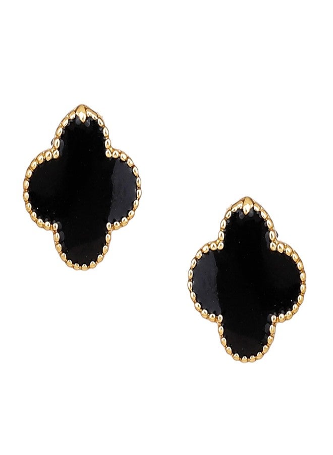 استيل أقراط إستيل مطلية بالذهب الوردي عيار 24 قيراطًا ومزينة بالمينا السوداء على شكل زهرة - مقاس واحد - Image 1