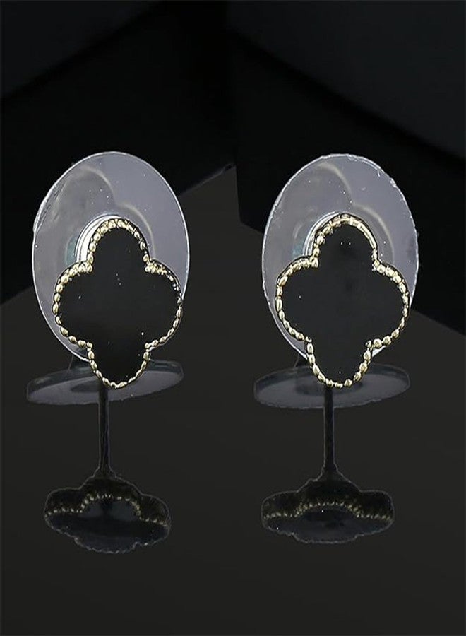 استيل أقراط إستيل مطلية بالذهب الوردي عيار 24 قيراطًا ومزينة بالمينا السوداء على شكل زهرة - مقاس واحد - Image 2