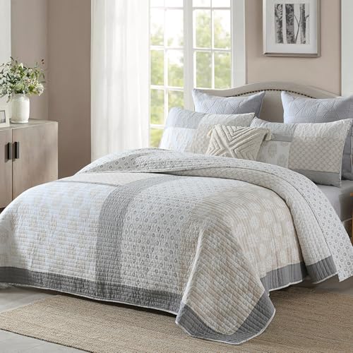 PANGUSHAN Quilt Set King Size, 100% Cotton Bedspread Quilt Bedding Set, Floral Patchwork Quilt Set for King Bed, Moonbeam Bed Spread, Lightweight Comforter Reversible Quilt, All Season, 3 Pieces - Image 1