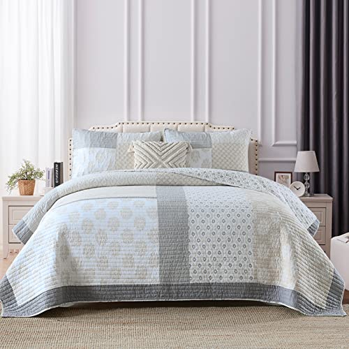 PANGUSHAN Quilt Set King Size, 100% Cotton Bedspread Quilt Bedding Set, Floral Patchwork Quilt Set for King Bed, Moonbeam Bed Spread, Lightweight Comforter Reversible Quilt, All Season, 3 Pieces - Image 2