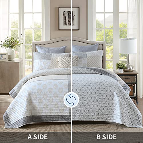 PANGUSHAN Quilt Set King Size, 100% Cotton Bedspread Quilt Bedding Set, Floral Patchwork Quilt Set for King Bed, Moonbeam Bed Spread, Lightweight Comforter Reversible Quilt, All Season, 3 Pieces - Image 4