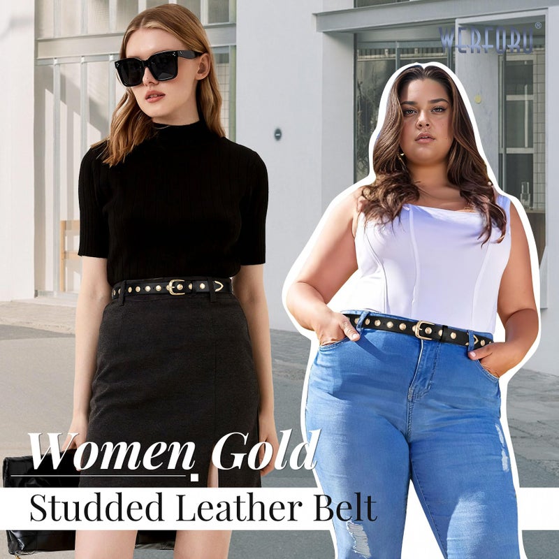 WERFORU Women Fashion Leather Belt Studded Leather Belt Ladies Belts for Jeans Dress Punk Belt,(A-Black-Gold,25"-30" Waist Adjustable) - Image 3