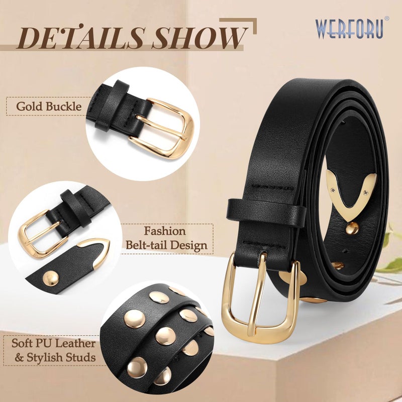 WERFORU Women Fashion Leather Belt Studded Leather Belt Ladies Belts for Jeans Dress Punk Belt,(A-Black-Gold,25"-30" Waist Adjustable) - Image 5