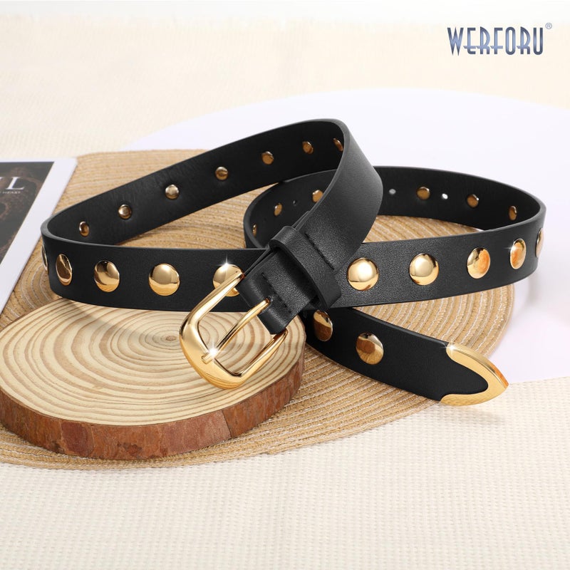 WERFORU Women Fashion Leather Belt Studded Leather Belt Ladies Belts for Jeans Dress Punk Belt,(A-Black-Gold,25"-30" Waist Adjustable) - Image 4