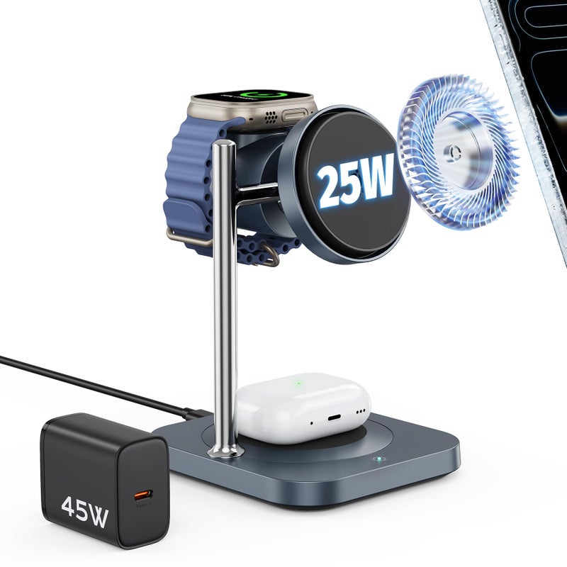 Gumosh Qi2.2 Charging Station for Apple, 25W 3 in 1 Magsafe Charger Stand with Active Cooling Fan, Magnetic Wireless Charger for iPhone 17/16/15/14/13/12, Apple Watch, AirPods (with 45W Adapter) - Image 1