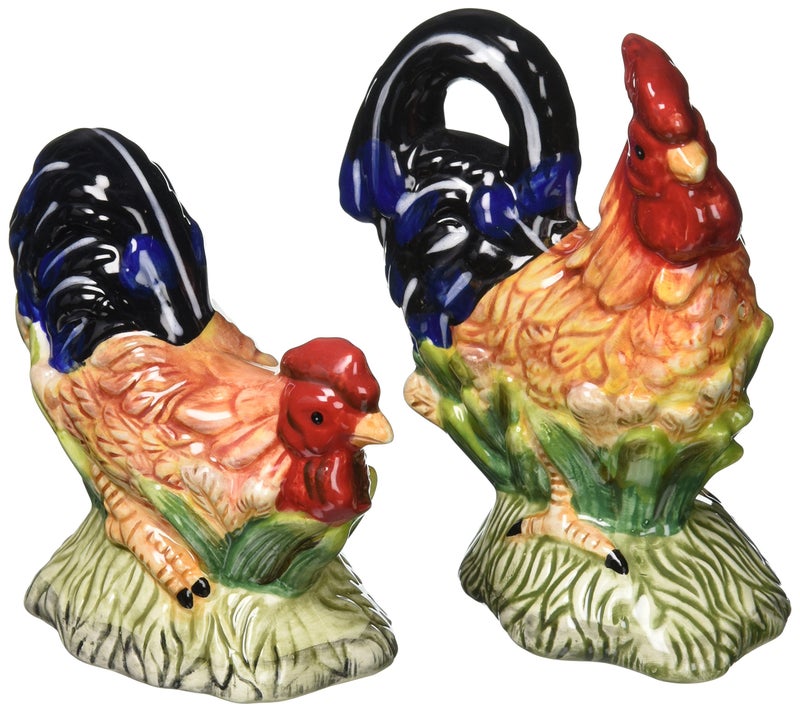 CG SSCG56535 Ceramic Rooster Salt Pepper Shakers With Blue Tail Feathers 5