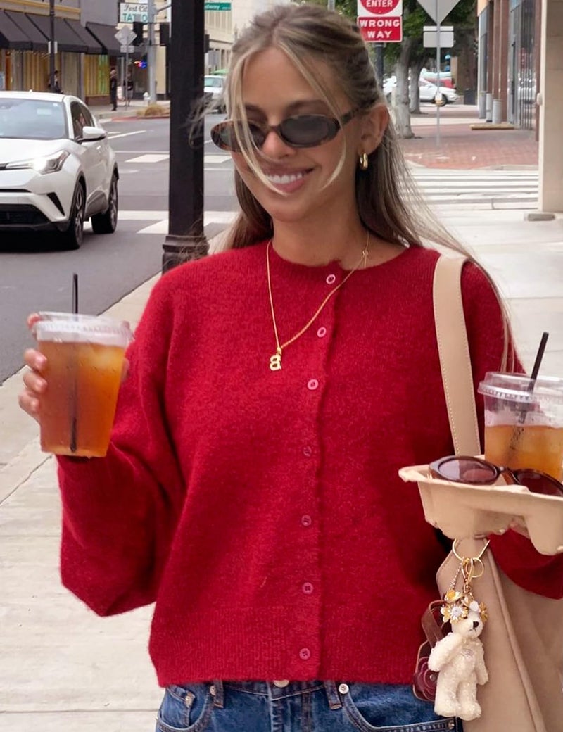 Yimoon Womens Cardigan Sweaters Button Down Chunky Knit Sweater Long Sleeve Soft Fall Winter Cropped Cardigans(Red-S) - Image 2