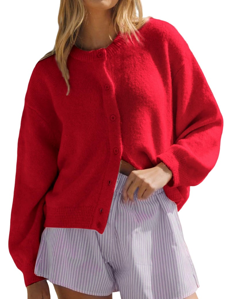 Yimoon Womens Cardigan Sweaters Button Down Chunky Knit Sweater Long Sleeve Soft Fall Winter Cropped Cardigans(Red-S) - Image 1