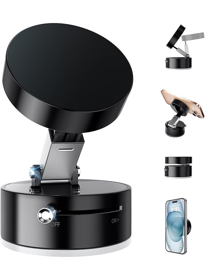 Green Tiger 2025 New Vacuum Suction Magnetic Phone Holder, 360°Rotatable Vacuum Magnetic Phone Stand, Foldable and Retractable Double-Sided Phone Holder for All Phones/Gym/Shower/Car/Mirror(Black)