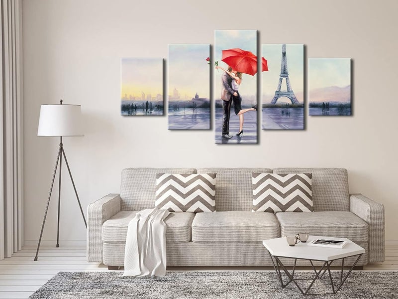 Pyradecor Large Modern 5 Piece Wrapped Giclee Canvas Prints Love in Paris by Oil Paintings Reproduction Pictures on Canvas Wall Art for Living Room Bedroom Home Decor Valentine's Gift - Image 3