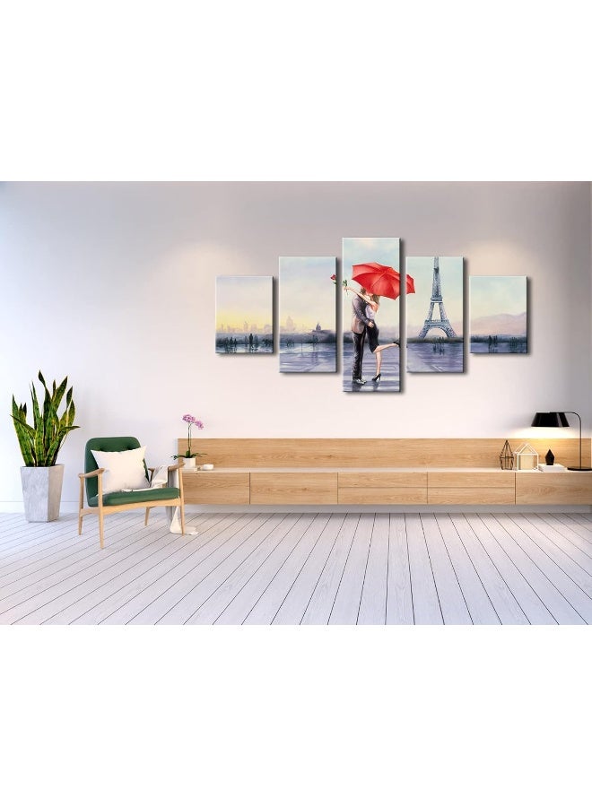 Pyradecor Large Modern 5 Piece Wrapped Giclee Canvas Prints Love in Paris by Oil Paintings Reproduction Pictures on Canvas Wall Art for Living Room Bedroom Home Decor Valentine's Gift - Image 4