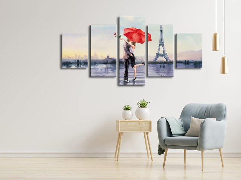 Pyradecor Large Modern 5 Piece Wrapped Giclee Canvas Prints Love in Paris by Oil Paintings Reproduction Pictures on Canvas Wall Art for Living Room Bedroom Home Decor Valentine's Gift - Image 5