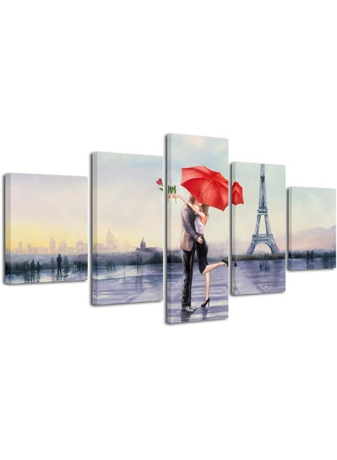 Pyradecor Large Modern 5 Piece Wrapped Giclee Canvas Prints Love in Paris by Oil Paintings Reproduction Pictures on Canvas Wall Art for Living Room Bedroom Home Decor Valentine's Gift - Image 1