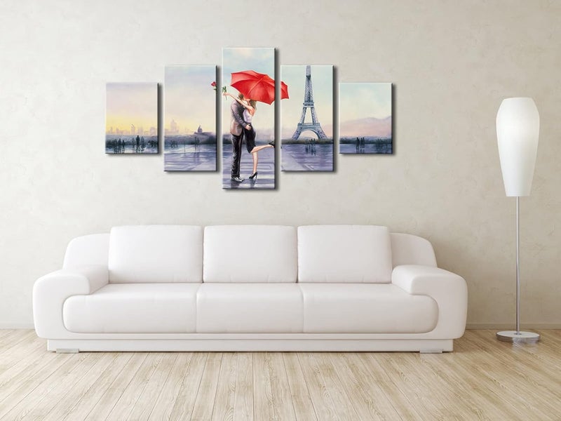 Pyradecor Large Modern 5 Piece Wrapped Giclee Canvas Prints Love in Paris by Oil Paintings Reproduction Pictures on Canvas Wall Art for Living Room Bedroom Home Decor Valentine's Gift - Image 2