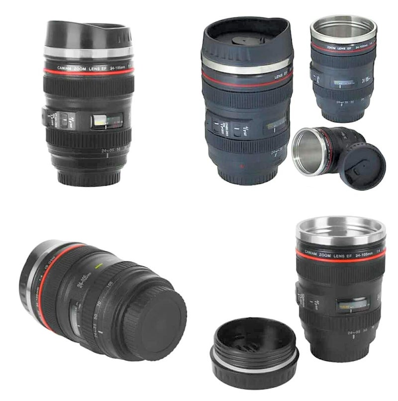 Inditradition Camera Lens Coffee Mug | Steel Insulated Travel Mug, Thermos (400 ML, Black) - Image 1