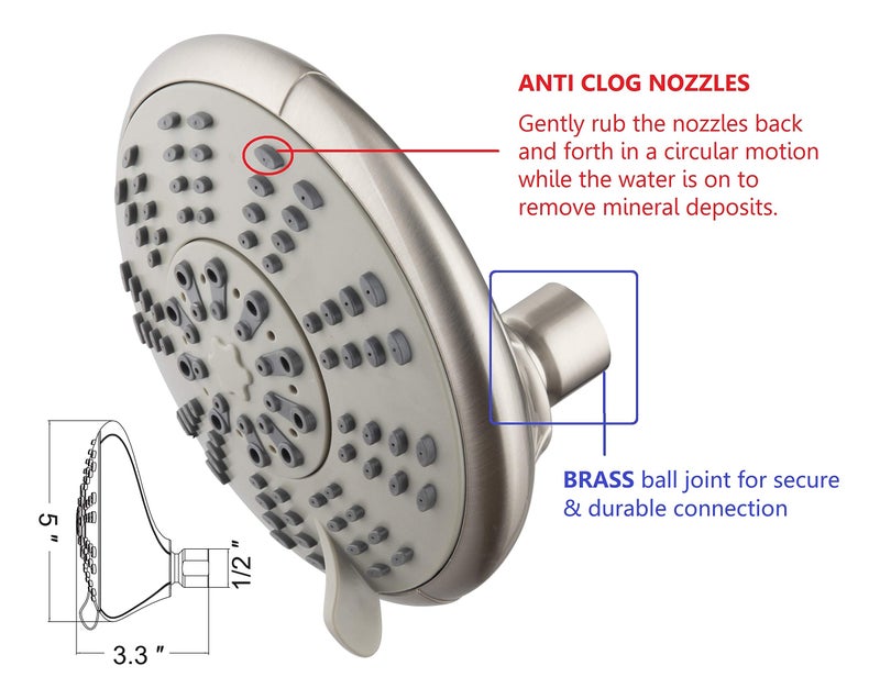 Ana Bath 5-Inch Anti-Clog High Pressure Large Dual Shower Head With Handheld Spray - 5 Unique Spray Modes/Brass Connector/5 Ft Stainless Steel Hose/Spot Resist Brushed Nickel - Image 3