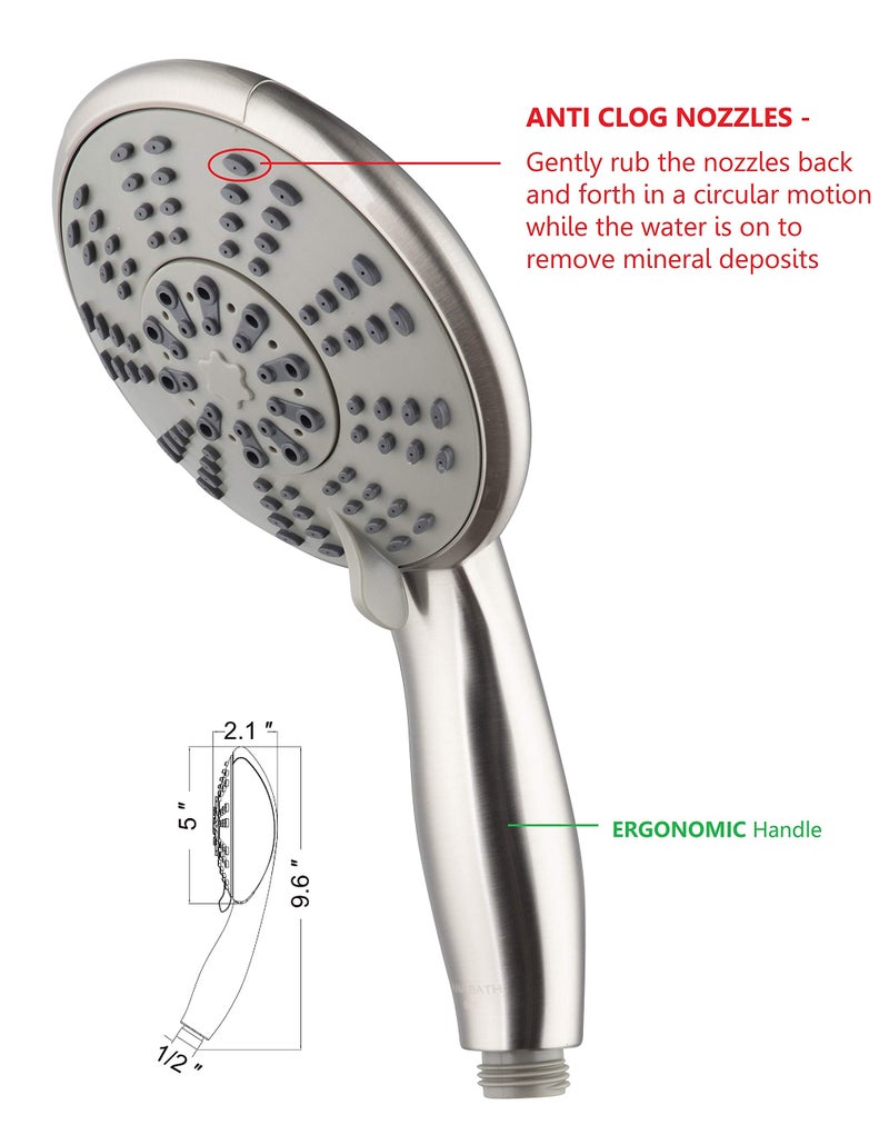 Ana Bath 5-Inch Anti-Clog High Pressure Large Dual Shower Head With Handheld Spray - 5 Unique Spray Modes/Brass Connector/5 Ft Stainless Steel Hose/Spot Resist Brushed Nickel - Image 2