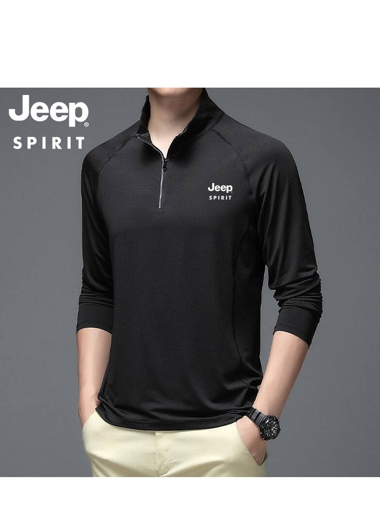 Jeep Men's Casual Long Sleeved T-shirt Sweatshirt Soft And Skin Friendly Zipper Collar Top For Men - Image 1