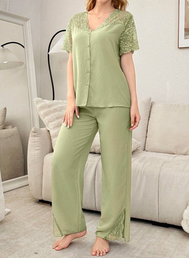 Lace Splicing Semi-Sheer Open Shoulder Short Sleeve Pajama Set - Image 1