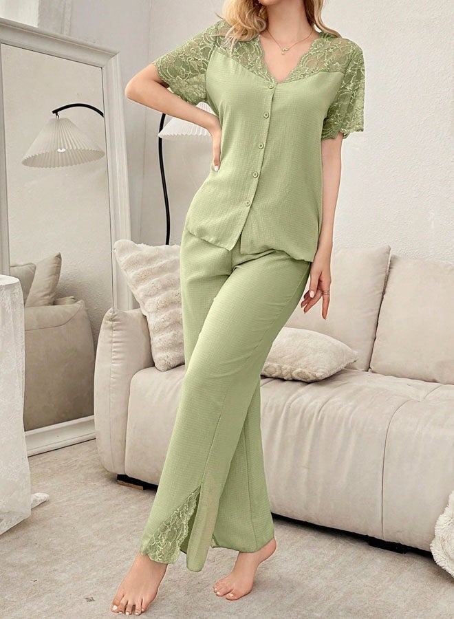 Lace Splicing Semi-Sheer Open Shoulder Short Sleeve Pajama Set - Image 5