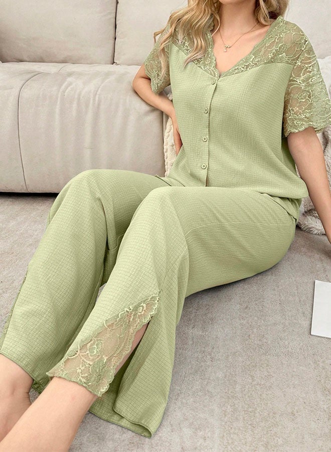 Lace Splicing Semi-Sheer Open Shoulder Short Sleeve Pajama Set - Image 2