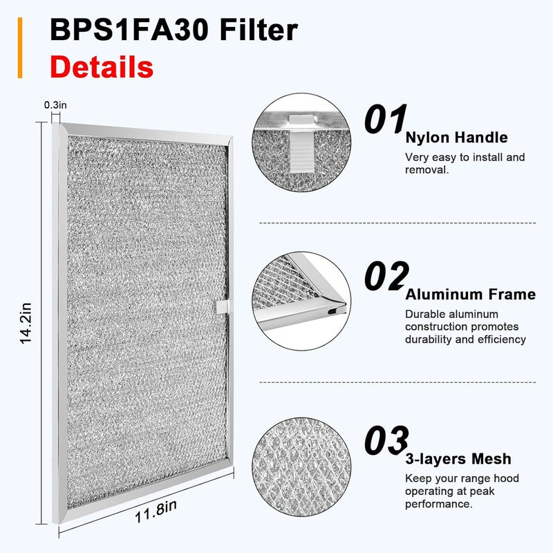 Fetechmate Allure Range Hood Grease Filter BPS1FA30 99010299 by 11-3/4" x 14-1/4" x 3/8" Aluminum Mesh Filter Fit for B-roan QS1 30" N-utone WS1 QS2 Range Hoods Replace S99010305 AP3378953-2 Pack - Image 2