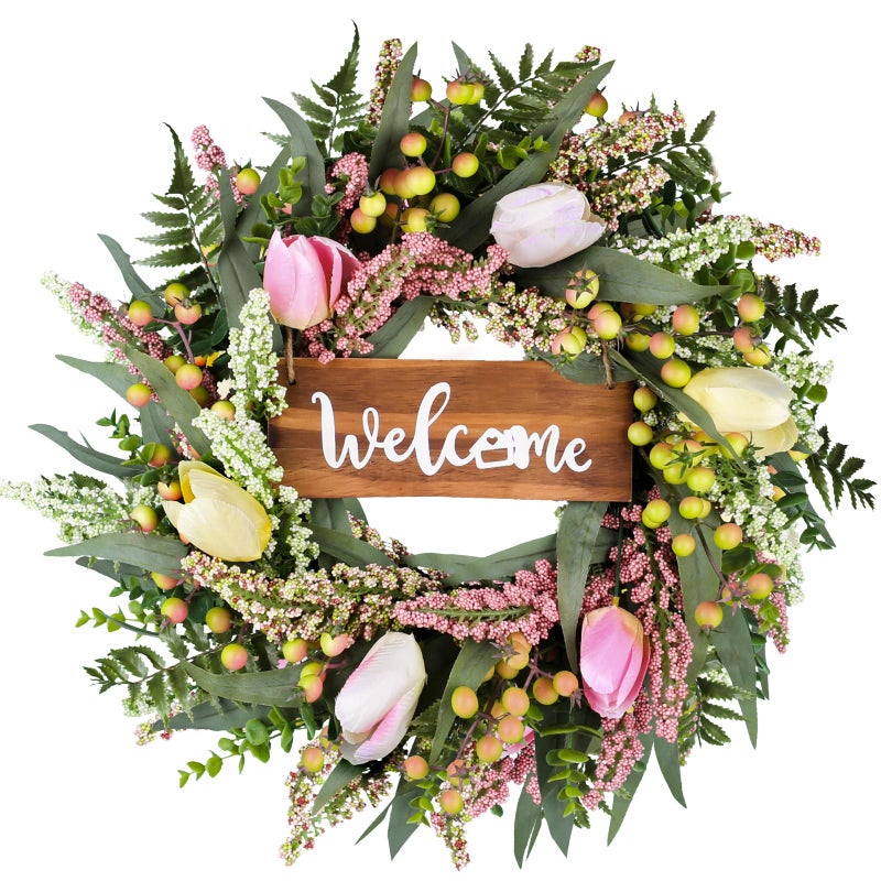 DFRREN Wreaths for Front Door 20 Inch Spring Summer Tulip Wreath withTulip,Berries,Boxwood and Cattails Welcome Door Wreath, Porch, Window -Green Decor for Home, Farmhouse - Spring, Summer, Fall, All Seasons - Image 1