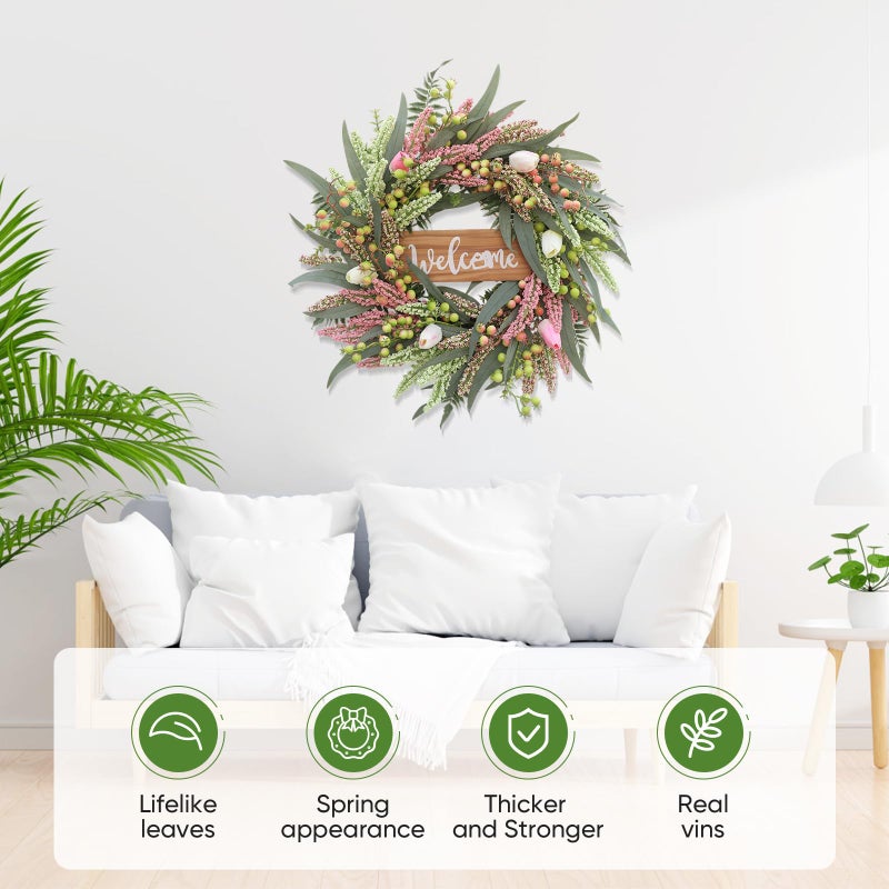 DFRREN Wreaths for Front Door 20 Inch Spring Summer Tulip Wreath withTulip,Berries,Boxwood and Cattails Welcome Door Wreath, Porch, Window -Green Decor for Home, Farmhouse - Spring, Summer, Fall, All Seasons - Image 3