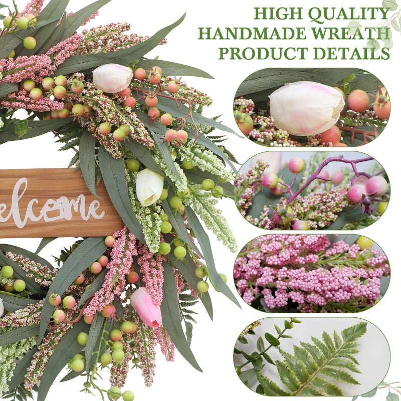 DFRREN Wreaths for Front Door 20 Inch Spring Summer Tulip Wreath withTulip,Berries,Boxwood and Cattails Welcome Door Wreath, Porch, Window -Green Decor for Home, Farmhouse - Spring, Summer, Fall, All Seasons - Image 2
