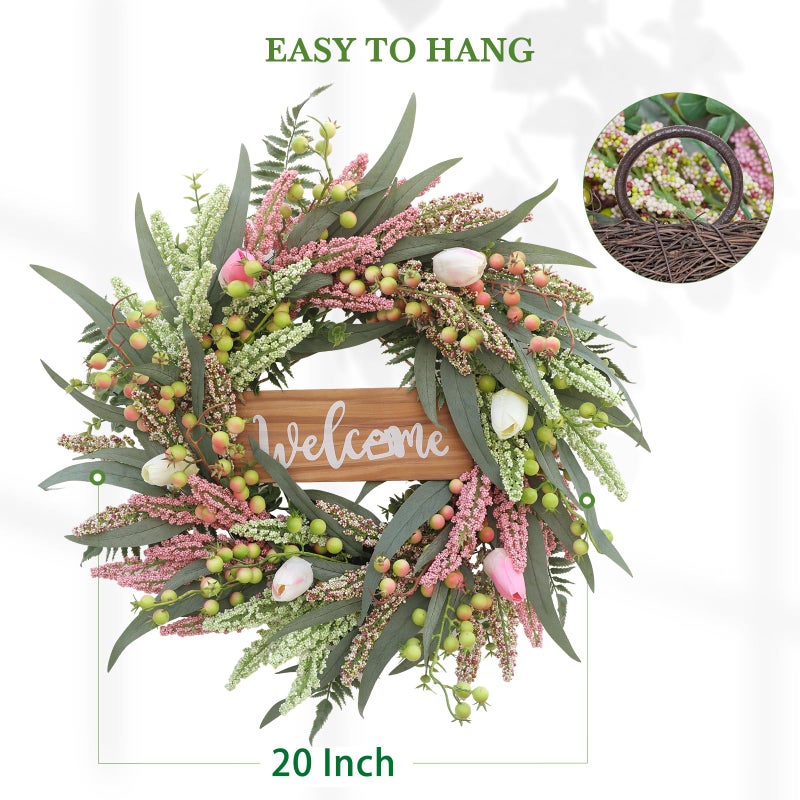 DFRREN Wreaths for Front Door 20 Inch Spring Summer Tulip Wreath withTulip,Berries,Boxwood and Cattails Welcome Door Wreath, Porch, Window -Green Decor for Home, Farmhouse - Spring, Summer, Fall, All Seasons - Image 4
