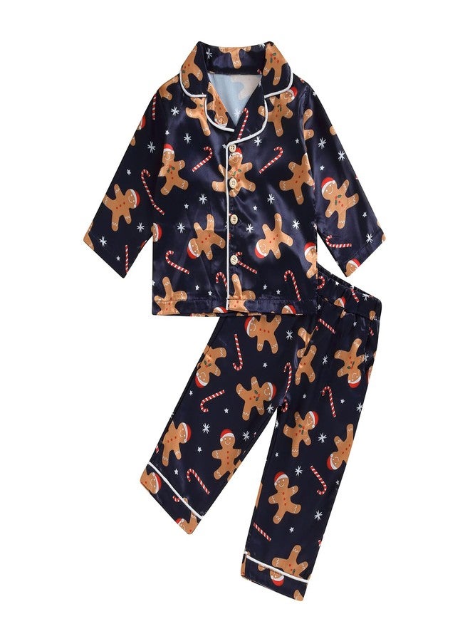 fyclemt Toddler Baby Boys Girls Silk Pajamas Set Christmas Tree Santa Button Down Shirts Top Pants Cute Pjs Satin nightgown Sleepwear (Blue Christmas Gingerbread Man, 6-12 Months) - Image 1