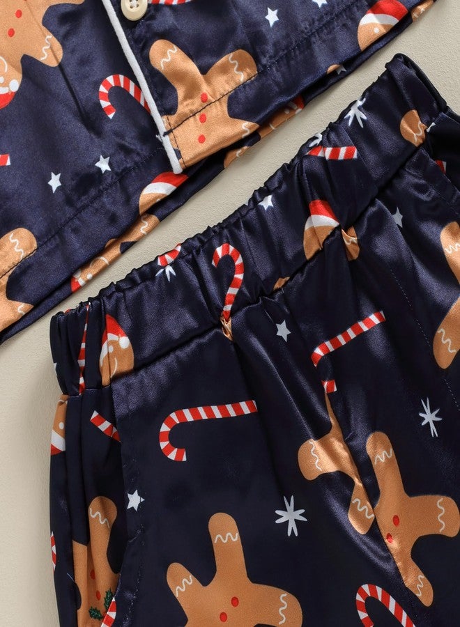fyclemt Toddler Baby Boys Girls Silk Pajamas Set Christmas Tree Santa Button Down Shirts Top Pants Cute Pjs Satin nightgown Sleepwear (Blue Christmas Gingerbread Man, 6-12 Months) - Image 4
