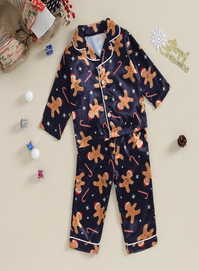 fyclemt Toddler Baby Boys Girls Silk Pajamas Set Christmas Tree Santa Button Down Shirts Top Pants Cute Pjs Satin nightgown Sleepwear (Blue Christmas Gingerbread Man, 6-12 Months) - Image 2
