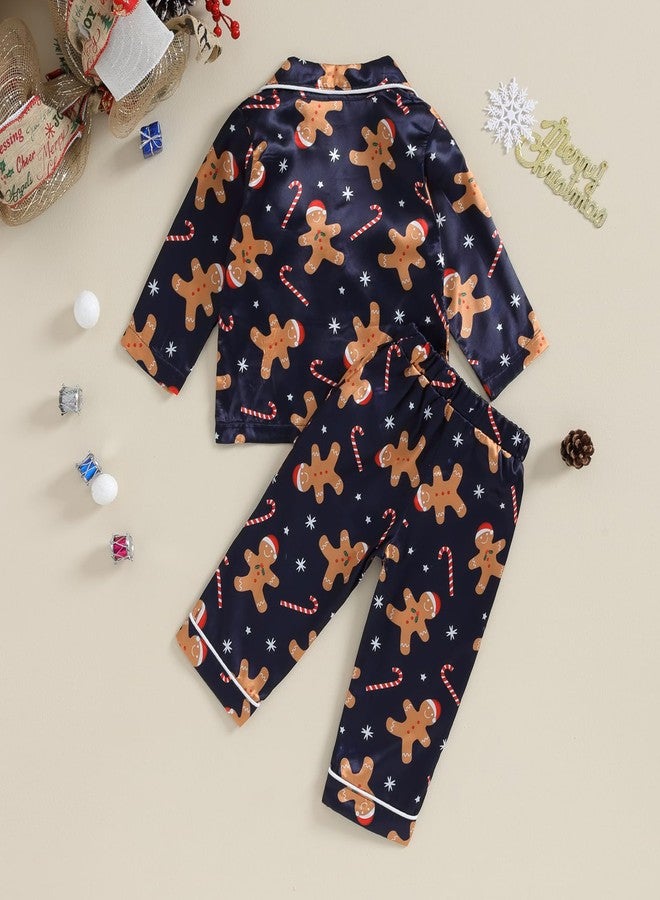 fyclemt Toddler Baby Boys Girls Silk Pajamas Set Christmas Tree Santa Button Down Shirts Top Pants Cute Pjs Satin nightgown Sleepwear (Blue Christmas Gingerbread Man, 6-12 Months) - Image 5
