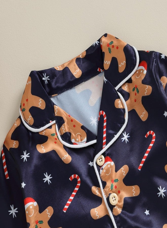 fyclemt Toddler Baby Boys Girls Silk Pajamas Set Christmas Tree Santa Button Down Shirts Top Pants Cute Pjs Satin nightgown Sleepwear (Blue Christmas Gingerbread Man, 6-12 Months) - Image 3
