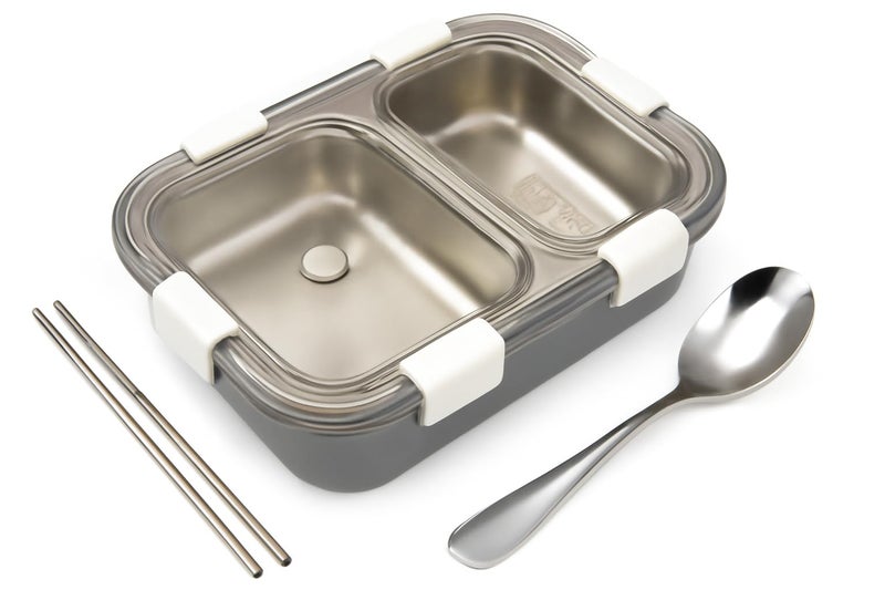 MEDALLIX 2 Compartment Stainless Steel Lunch Box for School, College & Office, Leak-Proof, BPA Free, with Spoon & Chopsticks, 750ml, Grey – Ideal for Kids, Adults & Travel - Image 1