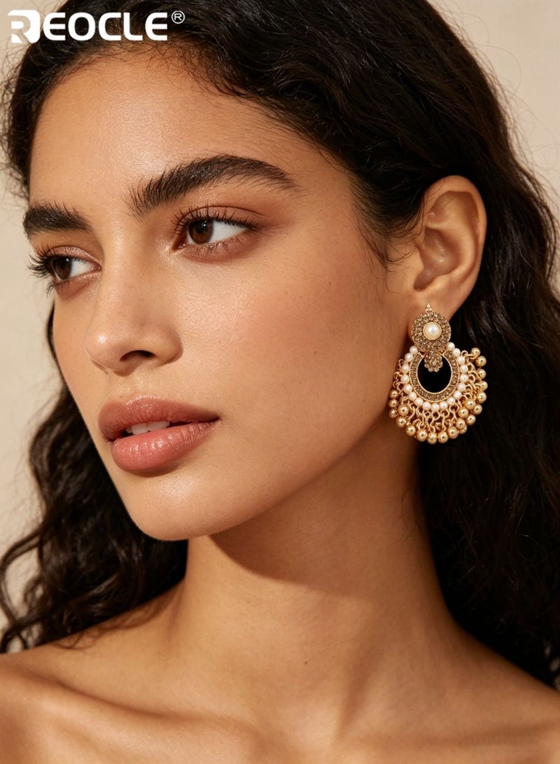 REOCLE Women's Pearl Cluster Earrings Ornate Layered Earrings Framed Central Pearl & Dangling Bead Accents Statement Drop Earrings for Formal Events & Festive Occasions - Image 5