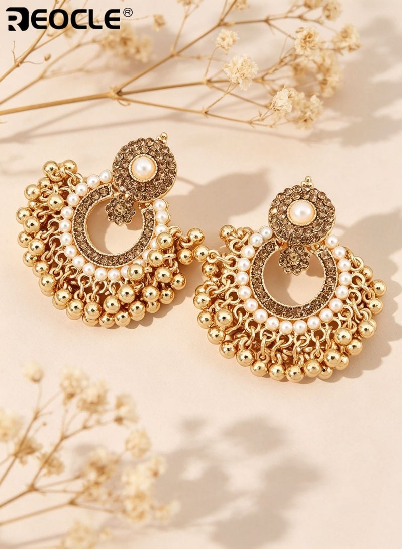 REOCLE Women's Pearl Cluster Earrings Ornate Layered Earrings Framed Central Pearl & Dangling Bead Accents Statement Drop Earrings for Formal Events & Festive Occasions - Image 3