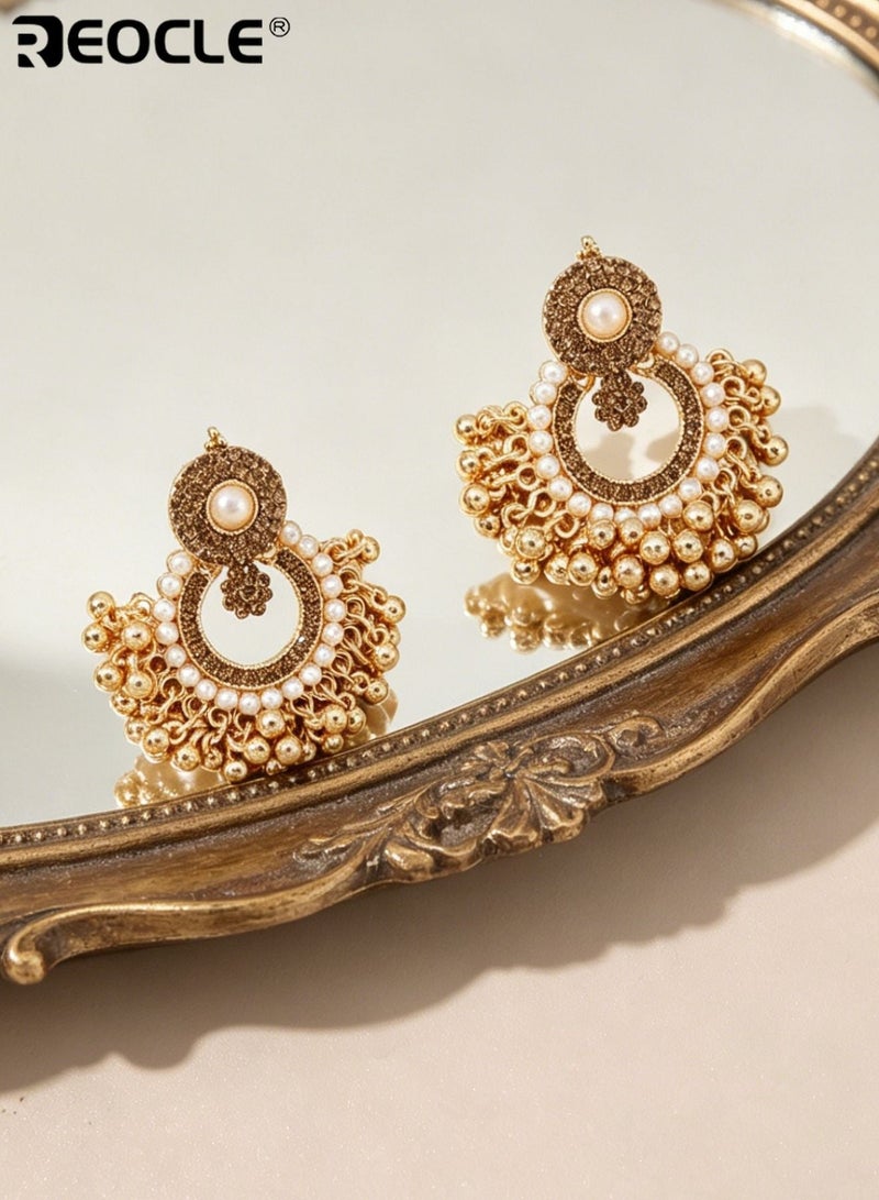 REOCLE Women's Pearl Cluster Earrings Ornate Layered Earrings Framed Central Pearl & Dangling Bead Accents Statement Drop Earrings for Formal Events & Festive Occasions - Image 4