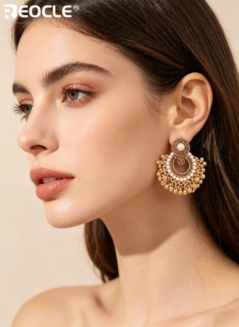 REOCLE Women's Pearl Cluster Earrings Ornate Layered Earrings Framed Central Pearl & Dangling Bead Accents Statement Drop Earrings for Formal Events & Festive Occasions - Image 2