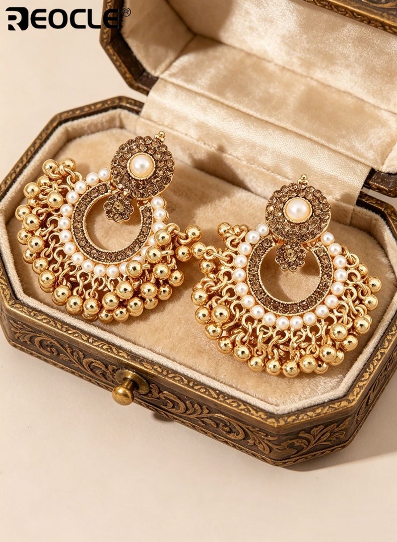 REOCLE Women's Pearl Cluster Earrings Ornate Layered Earrings Framed Central Pearl & Dangling Bead Accents Statement Drop Earrings for Formal Events & Festive Occasions - Image 1