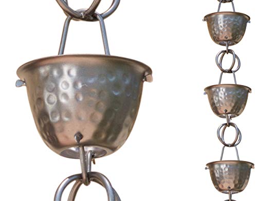 Monarch Rain Chains Aluminum Hammered Cup Rain Chain, 8.5 ft Pewter Powder Coated Aluminum Decorative Rain Catcher Chain for Gutters, Pewter Aluminum Rain Gutter Replacement Downspout - Image 1